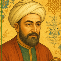 "ابو نصر فارابی، فیلسوف بزرگ ایرانی و مسلمان، با اندیشه‌های عمیق خود در زمینه‌های فلسفه، منطق و موسیقی، یکی از بنیان‌گذاران تفکر علمی اسلامی بود."